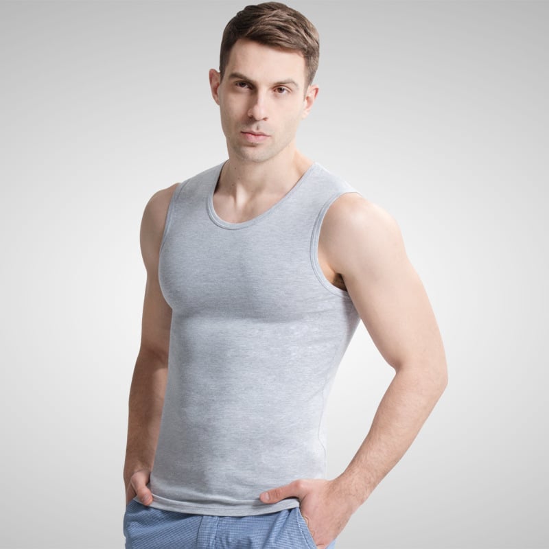 Férfi ujjatlan mellény széles vállal, pamut-Lycra 95% pamut, szövetsűrűség 161–180 g/m², kerek nyakú, egyszerű stílus