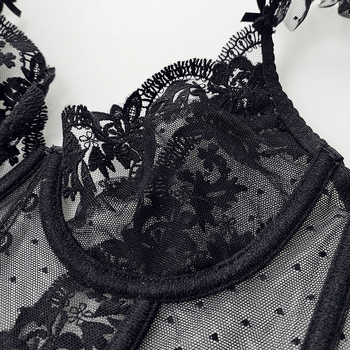 Дантелен комплект сутиени с костилка за поддръжка, V‑образна чашка 3/4, нейлонова материя, закопчаване отзад с пет реда куки