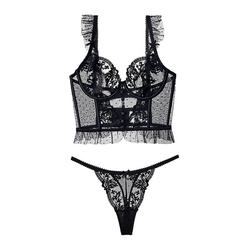 Дантелен комплект сутиени с костилка за поддръжка, V‑образна чашка 3/4, нейлонова материя, закопчаване отзад с пет реда куки