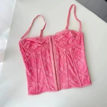 Дантелен потник с метални костички, открит гръб, стягаща талия, дантела, евроамерикански стил