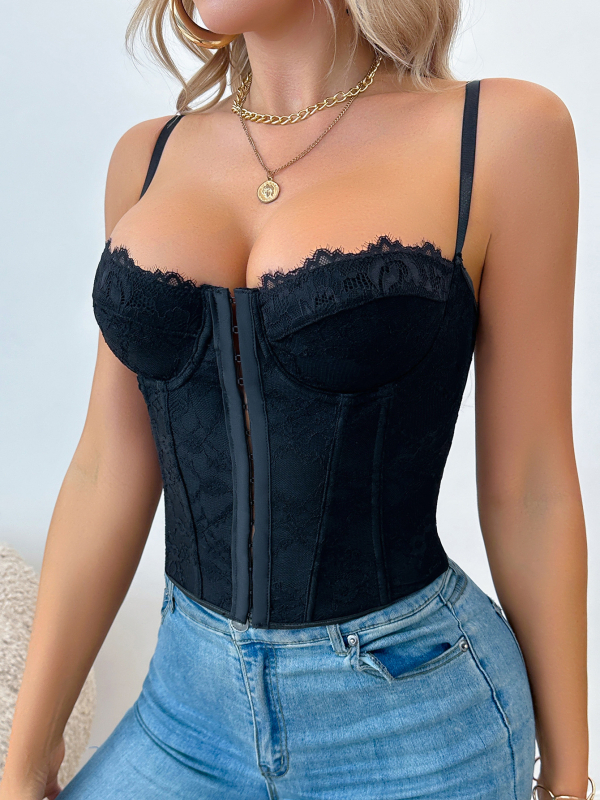 Дантелен потник с метални костички, открит гръб, стягаща талия, дантела, евроамерикански стил