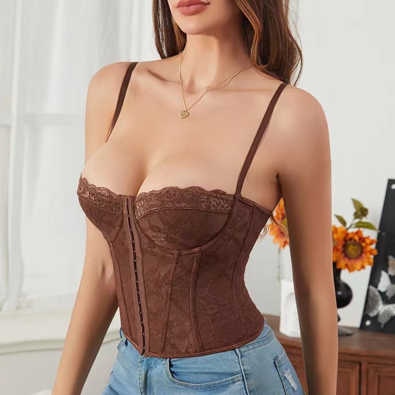 Дантелен потник с метални костички, открит гръб, стягаща талия, дантела, евроамерикански стил