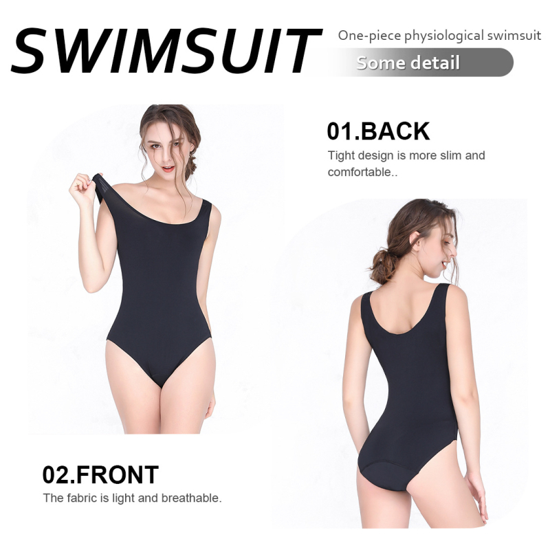 Γυναικεία μαγιό-εσώρουχο περιόδου με τέσσερα στρώματα για διαρροές και απορρόφηση νερού; ύφασμα νάιλον (κύριο 85%), επένδυση καβάλ 95% βαμβάκι; μέση μεσαίου ύψους