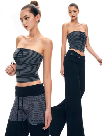 Elastični tube top s prugastim uzorkom i mašnicom – visoka elastičnost, viskozno materijal, halter/strapless seksi retro stil