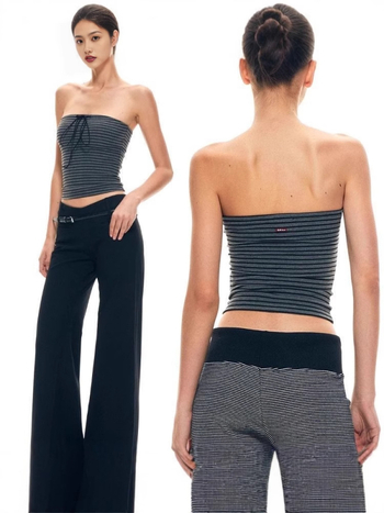 Elastični tube top s prugastim uzorkom i mašnicom – visoka elastičnost, viskozno materijal, halter/strapless seksi retro stil