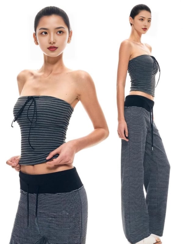 Elastični tube top s prugastim uzorkom i mašnicom – visoka elastičnost, viskozno materijal, halter/strapless seksi retro stil