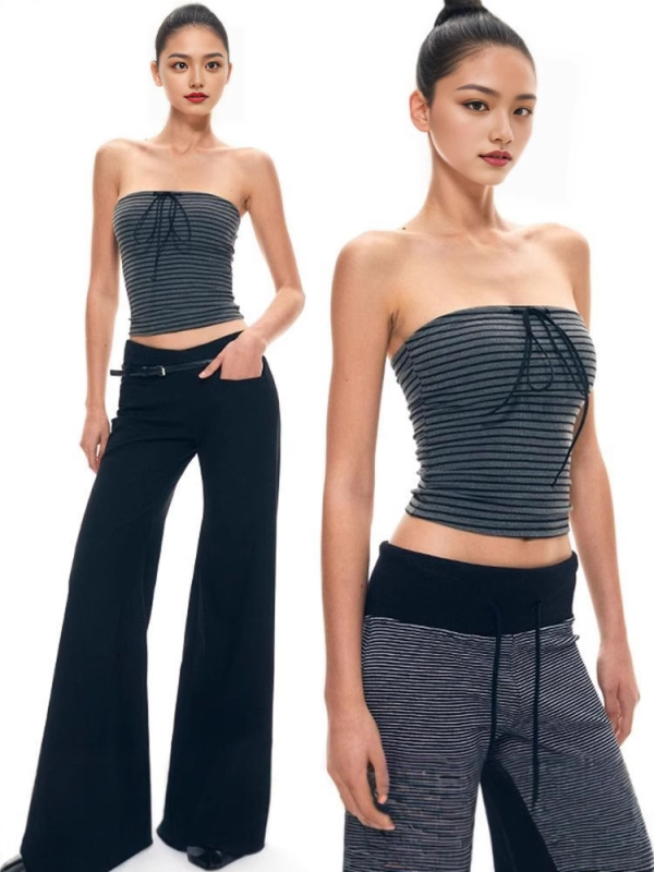Elastični tube top s prugastim uzorkom i mašnicom – visoka elastičnost, viskozno materijal, halter/strapless seksi retro stil