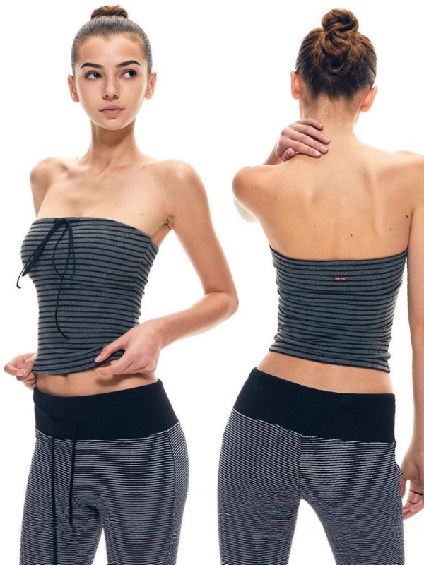 Elastični tube top s prugastim uzorkom i mašnicom – visoka elastičnost, viskozno materijal, halter/strapless seksi retro stil