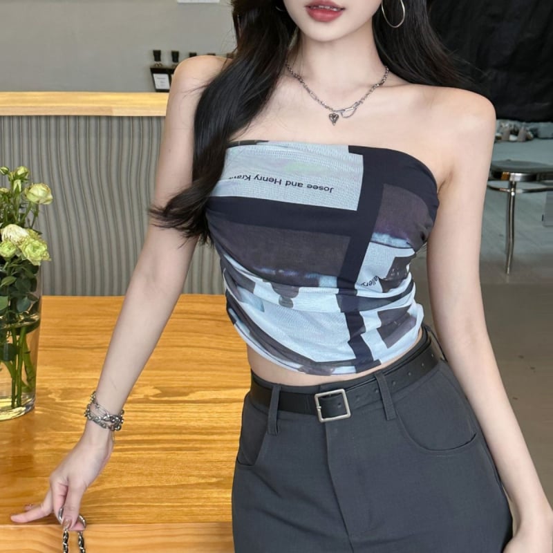 Νάιλον strapless tube top wrap, Ink-print mesh, μήκος στη μέση, πλήρης κάψα, λεπτό καλούπι