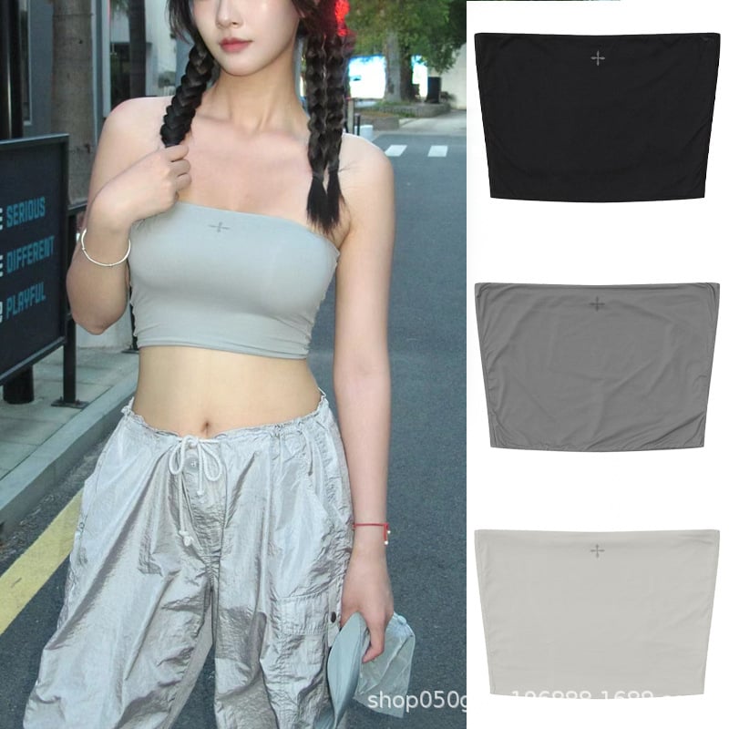 Tube top bez ramena, uski kroj s križnim otiskom, lagan i elastičan materijal od najlona 80–90% i spandexa, duljina vrlo kratka ≤40 cm