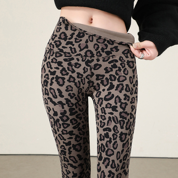 Ženske legice s leopard printom, pogodne za nošenje kao vanjska odjeća, visokim strukom, fleece podstava, joga hlače za kontrolu trbuha i podizanje stražnjice