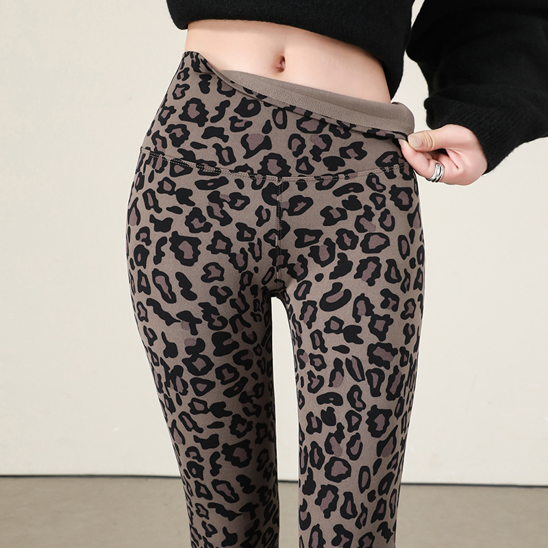 Ženske legice s leopard printom, pogodne za nošenje kao vanjska odjeća, visokim strukom, fleece podstava, joga hlače za kontrolu trbuha i podizanje stražnjice