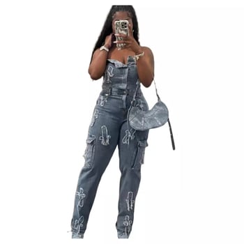 Džinsinis kombinezonas be peteliškių su siuvinėjimu, vidutinio aukščio liemuo, tiesūs keliai, be rankovių, didelė elastingumas, smėlio plovimas, ruduo 2024