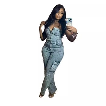 Džinsinis kombinezonas be peteliškių su siuvinėjimu, vidutinio aukščio liemuo, tiesūs keliai, be rankovių, didelė elastingumas, smėlio plovimas, ruduo 2024
