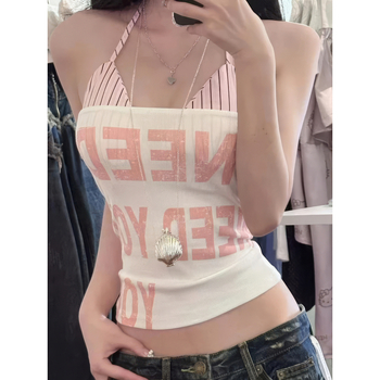 Αμάνικο τοπ με halter, εκτύπωση με γράμματα (βαμβάκι-σπάντεξ; στενή γραμμή; κοντό μήκος)