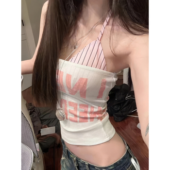 Αμάνικο τοπ με halter, εκτύπωση με γράμματα (βαμβάκι-σπάντεξ; στενή γραμμή; κοντό μήκος)