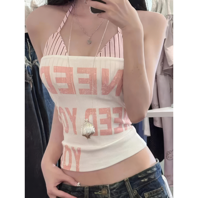 Αμάνικο τοπ με halter, εκτύπωση με γράμματα (βαμβάκι-σπάντεξ; στενή γραμμή; κοντό μήκος)