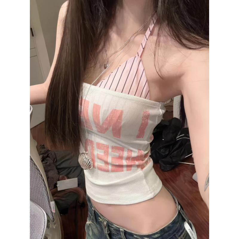 Αμάνικο τοπ με halter, εκτύπωση με γράμματα (βαμβάκι-σπάντεξ; στενή γραμμή; κοντό μήκος)