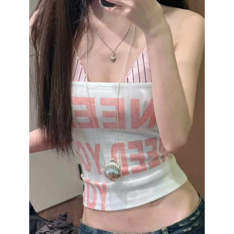 Αμάνικο τοπ με halter, εκτύπωση με γράμματα (βαμβάκι-σπάντεξ; στενή γραμμή; κοντό μήκος)