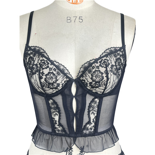 Бюстгъртник с ултра тънки чашки, френска дантела, дишащ найлон, шест реда закопчаване на гърба, фиксирани двойни презрамки