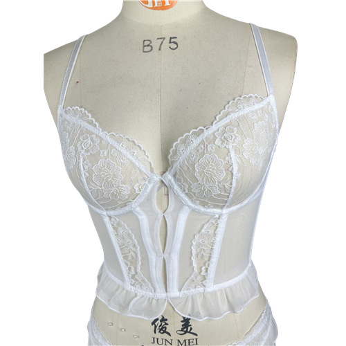 Бюстгъртник с ултра тънки чашки, френска дантела, дишащ найлон, шест реда закопчаване на гърба, фиксирани двойни презрамки