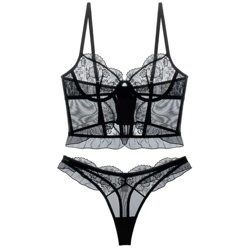 Бюстгъртник с ултра тънки чашки, френска дантела, дишащ найлон, шест реда закопчаване на гърба, фиксирани двойни презрамки