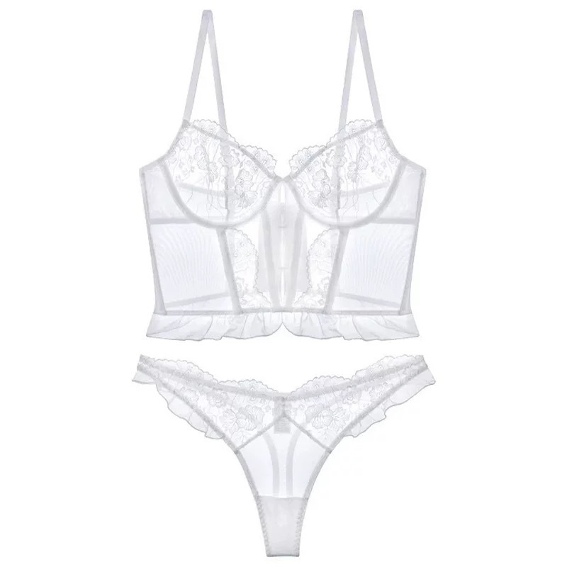 Бюстгъртник с ултра тънки чашки, френска дантела, дишащ найлон, шест реда закопчаване на гърба, фиксирани двойни презрамки