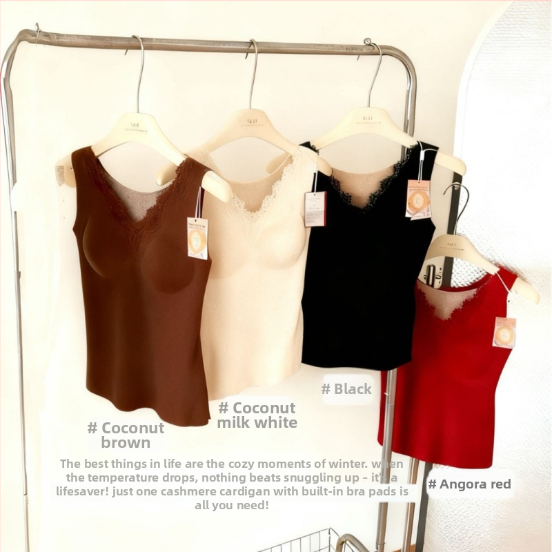 Termálna vesta s V výstrihom, čipkou, bezšvovým dizajnom, s vložkou na prsníky a samohrejúcim hodvábno-kasmírovým základným vrstvy