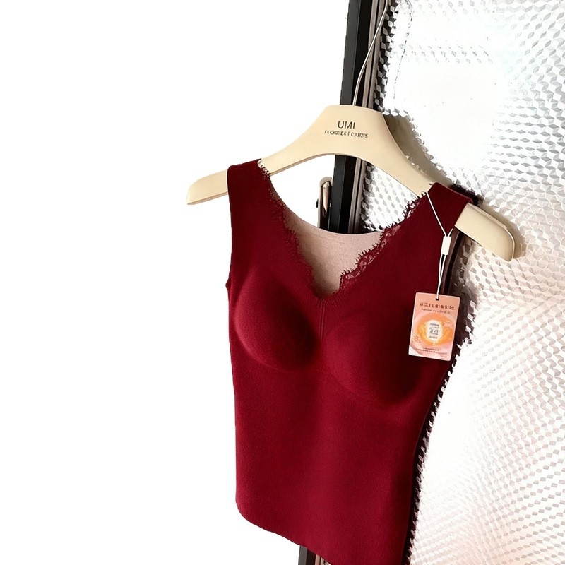 Terminė liemenė su V kaklu, nėriniai, be siūlių dizainas, krūties įdėklas ir savireguliuojantis šilumos sluoksnis iš šilko kasmyro