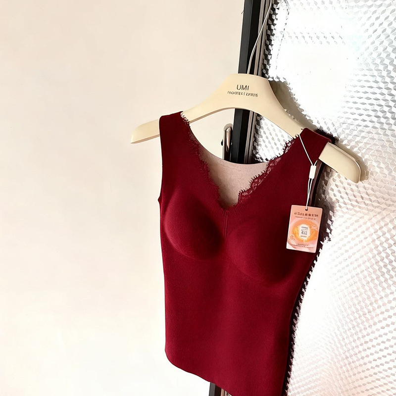 Terminė liemenė su V kaklu, nėriniai, be siūlių dizainas, krūties įdėklas ir savireguliuojantis šilumos sluoksnis iš šilko kasmyro