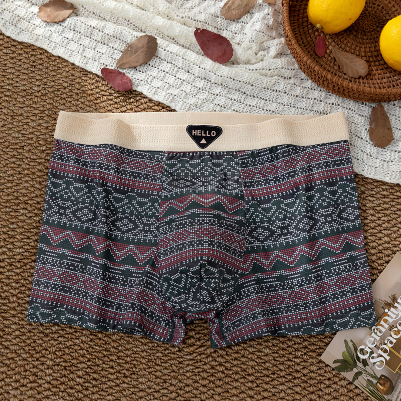 Férfi boxer briefek, etnikus csíkos mintával, légző Milk Silk poliészter keverék, középmagas derekú, kötött anyag, tinédzserek számára