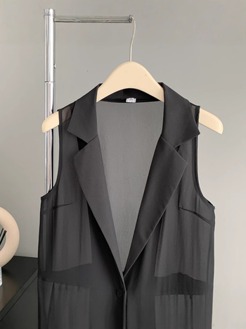 Ženski šifonski vest, uskog kroja, ovratnik sakoi, jedno dugme, srednja duljina, 95% poliester