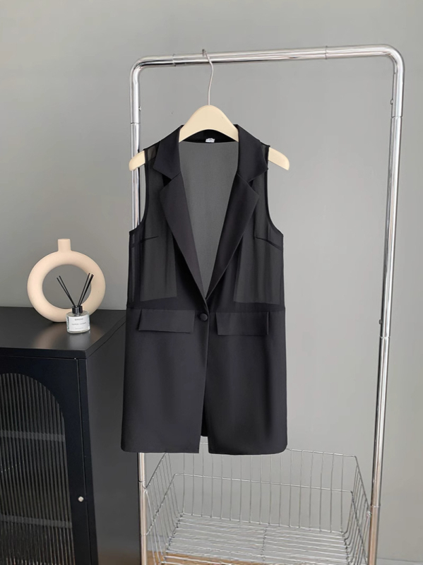 Ženski šifonski vest, uskog kroja, ovratnik sakoi, jedno dugme, srednja duljina, 95% poliester