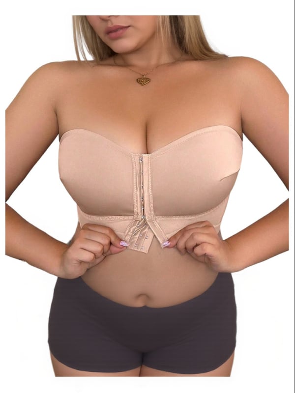 Bustier bez naramenica s prednjim zatvaranjem, wrap stil, poliester 80–90%, pune košarice s tankim oblikovanim košaricama, duljina prsa