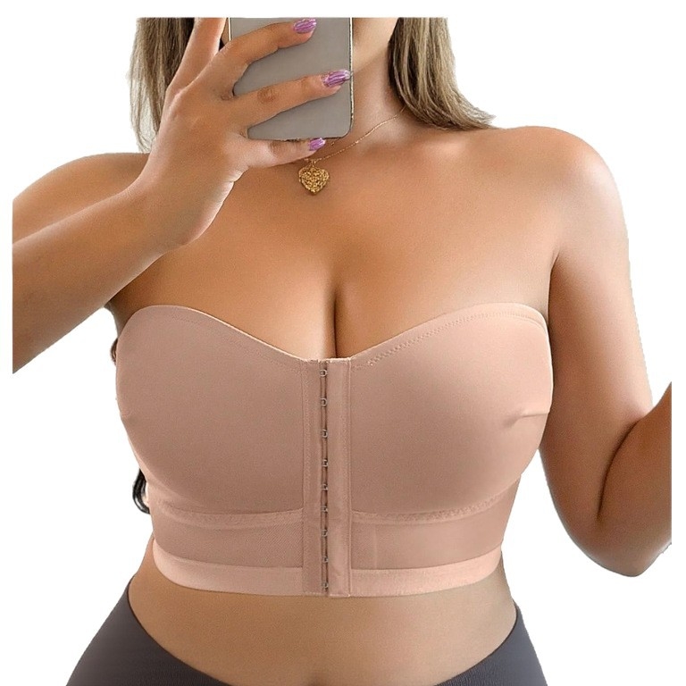 Bustier bez naramenica s prednjim zatvaranjem, wrap stil, poliester 80–90%, pune košarice s tankim oblikovanim košaricama, duljina prsa