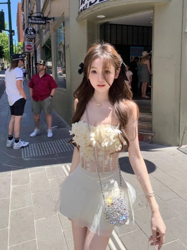Seksi mrežasti bustier top s imitacijom riblje kosti, prozirni 3D cvjetovi, bez naramenica, crop top za žene
