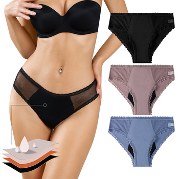 Ženske menstrualne gaćice s 4-slojnom zaštitom od curenja, pamuk, čipka, srednja visina struka, klin 10% spandex (4-slojno; 90% pamuk; 10% spandex)