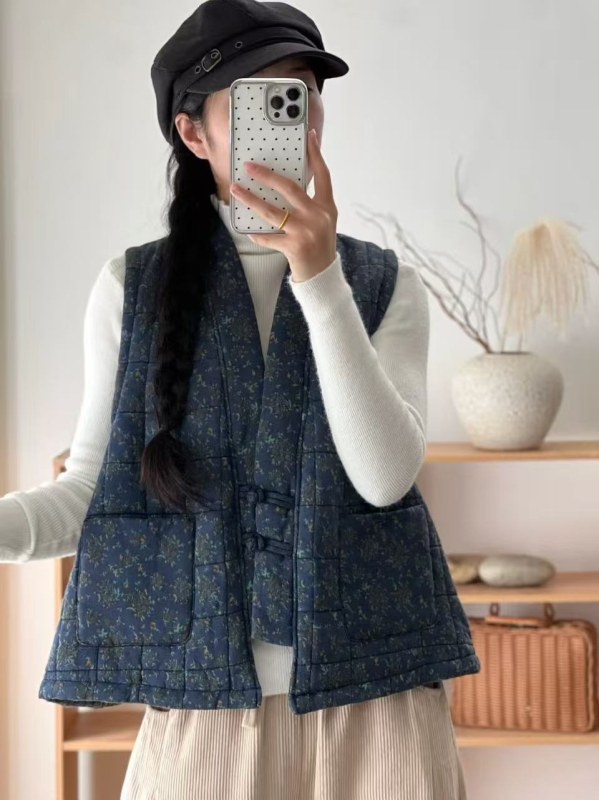 Ženska pamučna vesta s V-izrezom, opuštena silueta, retro japanski stil, suptilni cvjetni uzorci