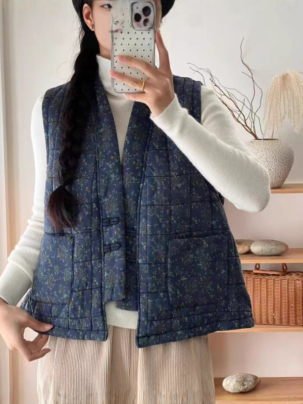 Ženska pamučna vesta s V-izrezom, opuštena silueta, retro japanski stil, suptilni cvjetni uzorci