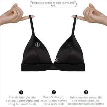 Liemenėlė su trikampiais puodeliais, ploni formuojami puodeliai, fiksuoti pečiai, be vielos, nailono audinys, prancūziškas prabangus stilius