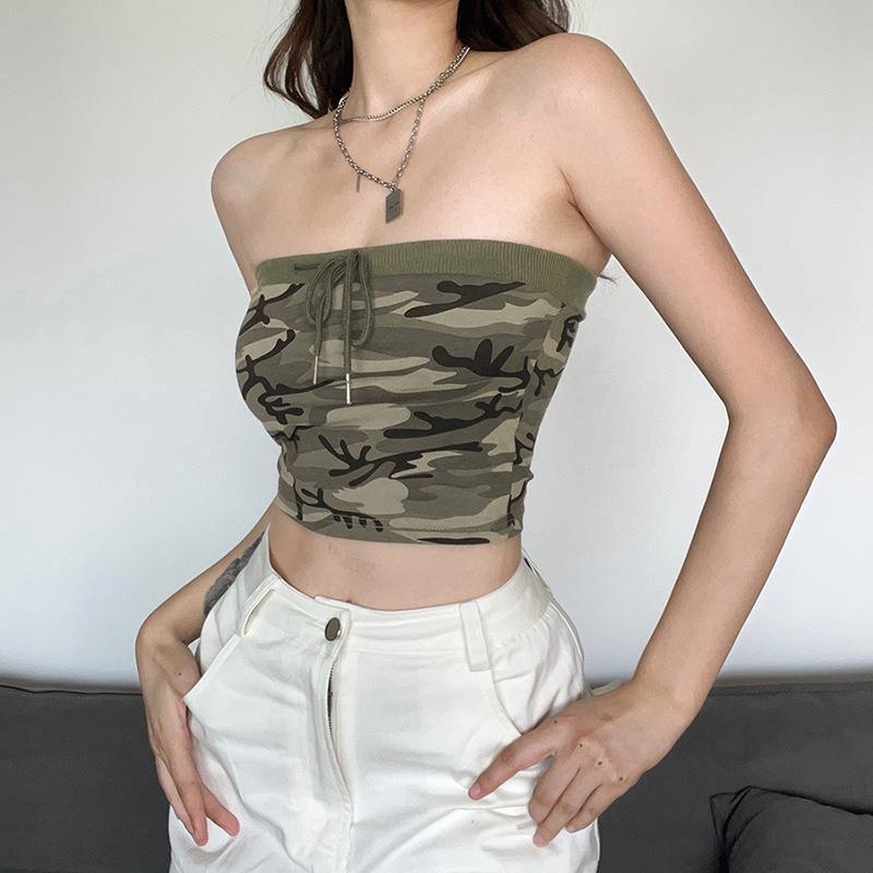 Kamuflažni top s vezanjem, bez naramenica, uski kroj, poliester, ljeto 2023