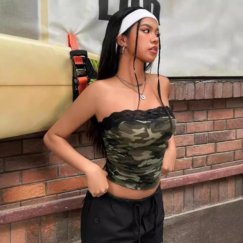 Ženski čipkasti kamuflažni tube top – ljeto 2024, poliester ≥95%, mikroelastičnost, ulični stil