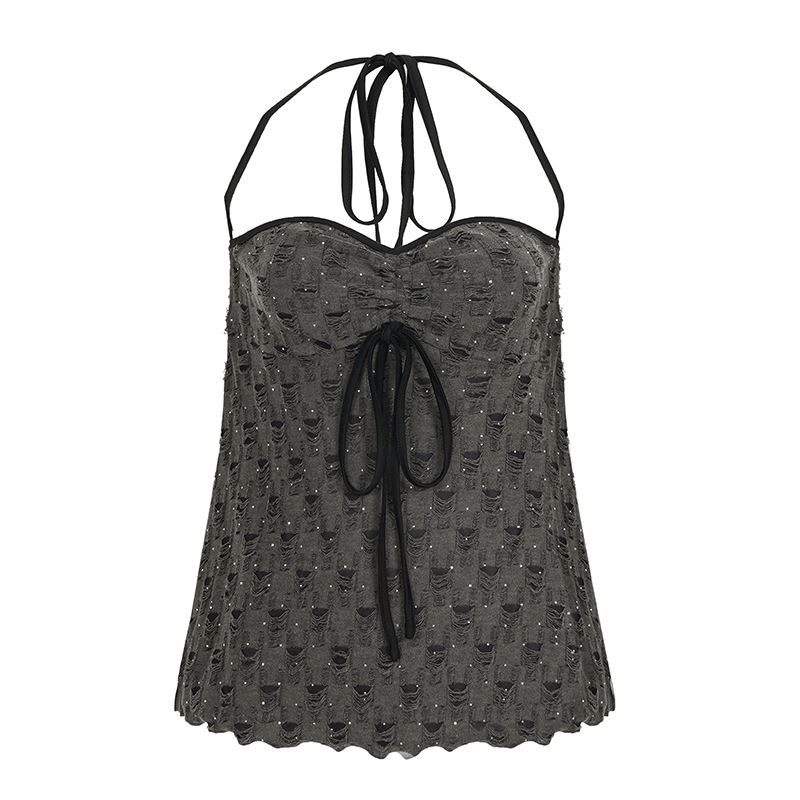 Ženski halter-top bez rukava s vezanjem i perlicama, A-linijski kroj, kratka duljina 40–50 cm, poliester s elastanom