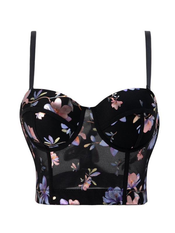 Bustier top s 3D floralnim uzorkom, leđa bez, dvostruke naramenice, spandeks