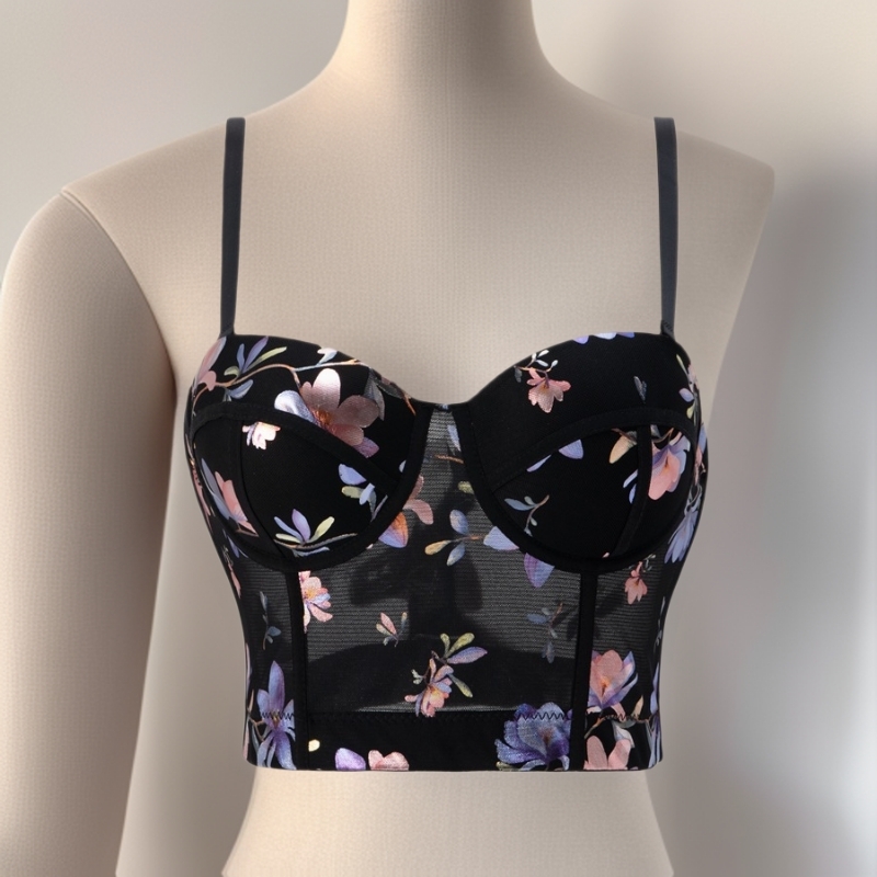Bustier top s 3D floralnim uzorkom, leđa bez, dvostruke naramenice, spandeks