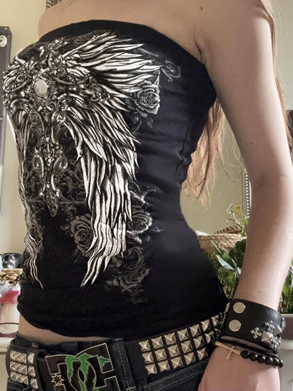 Tube top bez naramenica s printom krila, uski kroj, poliester 90–95% + elastan <30%