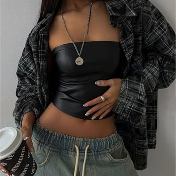 Gornji bez naramenica od PU kože, seksi stil, Slim fit, mikroelastičnost, poliester, ljeto 2025