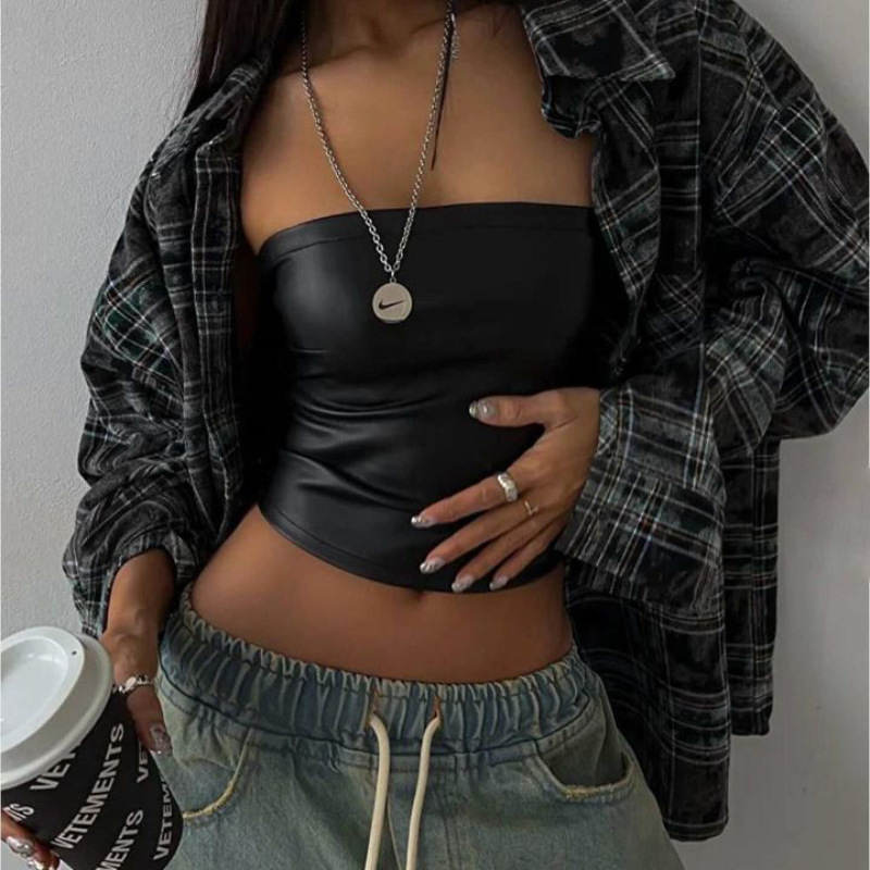 Gornji bez naramenica od PU kože, seksi stil, Slim fit, mikroelastičnost, poliester, ljeto 2025