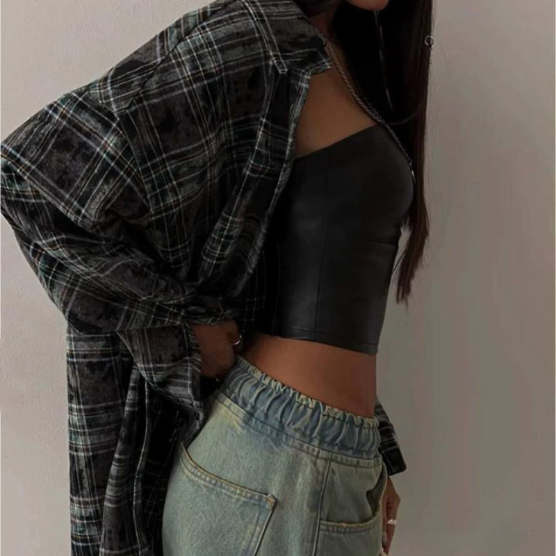 Gornji bez naramenica od PU kože, seksi stil, Slim fit, mikroelastičnost, poliester, ljeto 2025