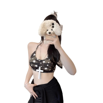 Leopard uzorak halter vrh s podstavom za žene – bez rukava, kratki top, poliester 80-90%